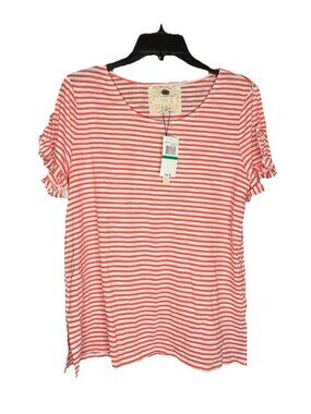 Cupio Women's Pullover Summer Blouse Ruffle Sleeve Size L Coral Striped